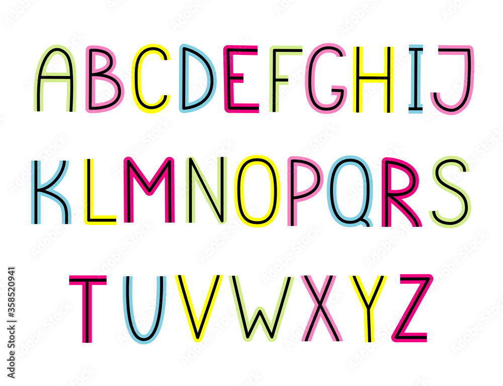 Multicolored hand-drawn English alphabet isolated on white background. Vector illustration. Multicolored hand-drawn English alphabet isolated on white background. Vector illustration.