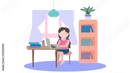 Illustration of a girl on distance learning behind a laptop. Vector image, eps 10