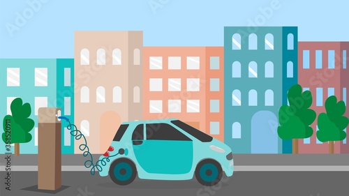 Illustration of an electric car recharging in the city. Vector image, eps 10