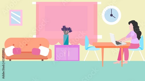 Illustration of a woman working at home with a laptop. Vector image  eps 10