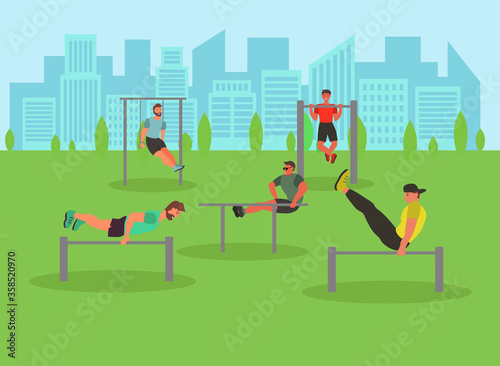 Men taking physical activity in outdoor park. Training, street workout, exercises. Active sports in a city park on the playground. Flat style vector illustration.