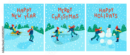 Set of greeting Christmas cards. Happy New Year, merry Christmas, Happy holidays. Children skate, sculpt a snowman, sledding. Flat vector illustration.