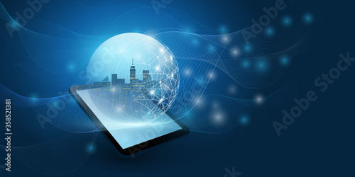 Futuristic Smart City, IoT and Cloud Computing Design Concept with Polygonal Mesh, Cluster and Nodes - Digital Network Connections, Technology Background