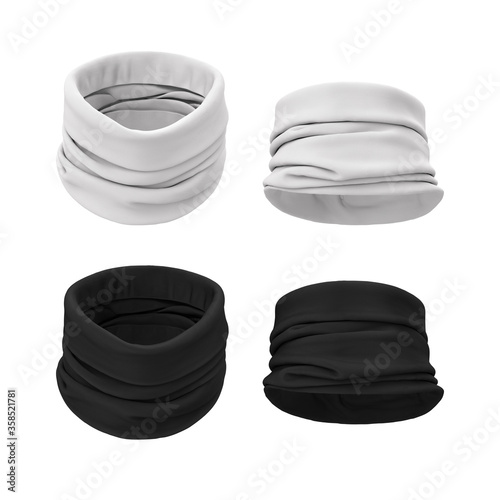 Buff dressed around the neck. Front view from the back in black and white color. 3d realistic illustration of mockup, empty blank template. Bandana, buff, neckscarf, scarf, scarf snood.