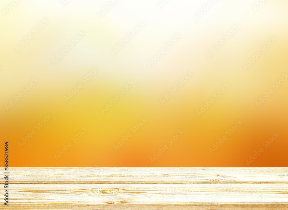 Autumn sunny day in outdoor defocus 3d illustration. White wooden empty table texture. Yellow juicy nature gradient background. 