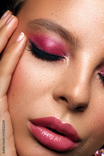 sensual glamour portrait of beautiful woman model lady with fresh daily makeup with pink lips color and clean healthy skin face