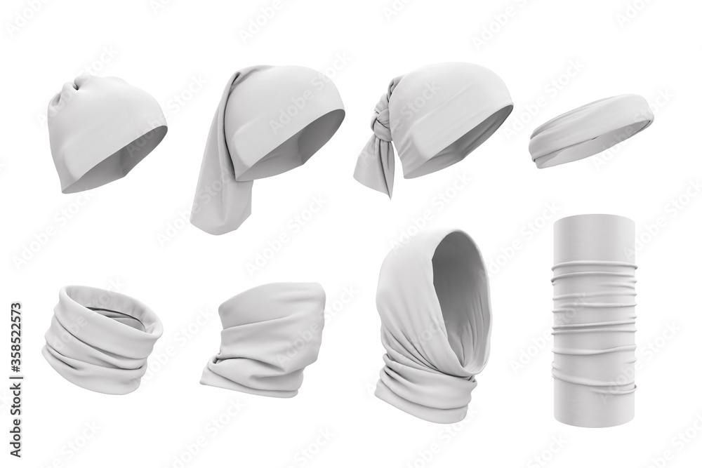 Set of white buffs on the face, neck, on the head. How to wear buffs. 3d  realistic illustration of clothes, hats. Template, mockup for design, logo,  branding. Clothing presentation. Stock Illustration