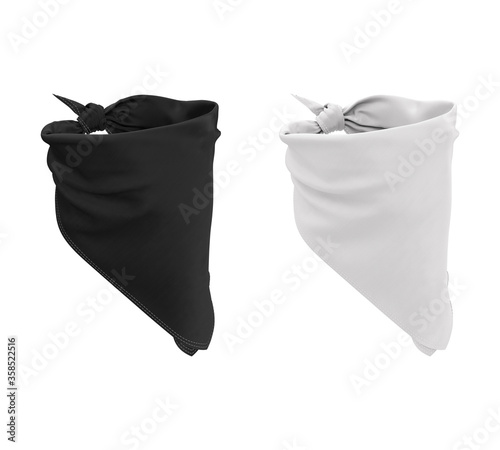 Black and white bandana tied to the face. 3d realistic illustration. Empty mock up, template for design presentations, logo, branding. Realistic scarf, neckerchief.