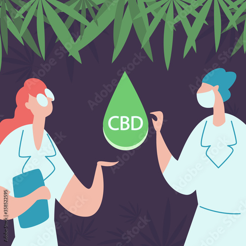 Doctors or pharmacists with a drop of cbd oil on a background of cannabis leaves. Scientific lab research cbd, test and therapy medical preparations from hemp
