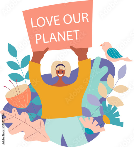 Earth Day. Love our planet. A female activist recalls our attitude to planet Earth. Vector flat illustration.