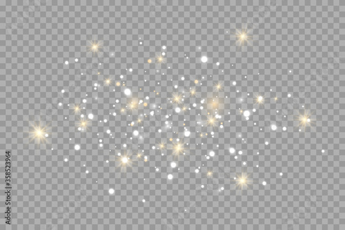 The dust sparks and golden stars shine with special light. Vector sparkles on a transparent background. Christmas light effect. Sparkling magical dust particles.