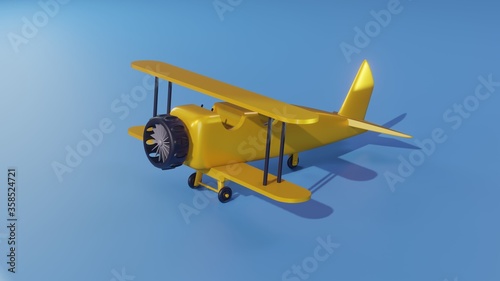 Military jet fighter, Classic Yellow Biplane - 3D illustration 