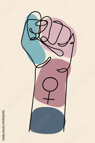 Continuous line drawing of strong fist raised up with woman gender sign. Feminism power symbol. Human arm with clenched fingers, one line drawing colored vector illustration. Concept of girl power