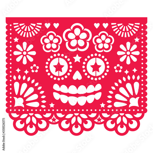 Halloween Papel Picado design with La Catrina skull, Mexican paper cut out pattern - Dia de Los Muertos, Day of the Dead celebration
