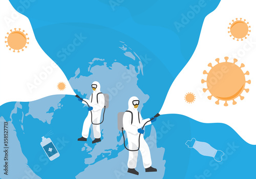Coronavirus protection. Disinfectant concept. Cleaning and disinfecting.  People in virus protective suits and mask. Illustration vector graphic with space for text.