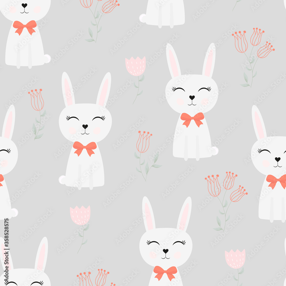 Seamless pattern of cute white rabbits with floral elements children's background in cartoon style.