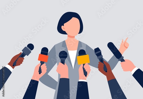 Live report, live news concept. A woman giving an interview. Many hands of journalists with microphones.. Flat vector illustration.