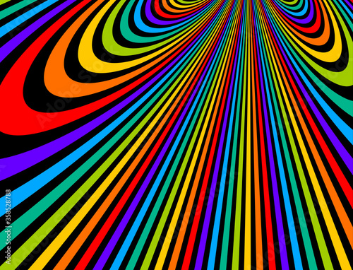 Psychedelic rainbow colored optical illusion lines vector insane art background, LSD hallucination delirium, surreal op art linear curves in hyper 3D perspective, hypnotic design.