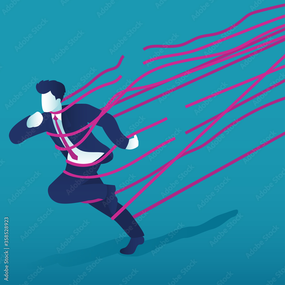 A business man ran towards success through rope barriers. concept. background vector illustration