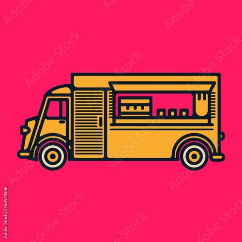 One thin line, flat vintage retro coffee truck, vector illustration, street food