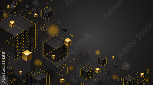 Abstract vector design with cluster of 3D cubes with golden elements vector design with copy space, luxury color style, jewelry classy elegant geometric design, shiny gold realistic abstraction.