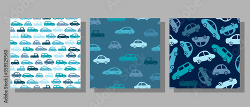 Children's seamless background with cars in cartoon style. Vector graphics.