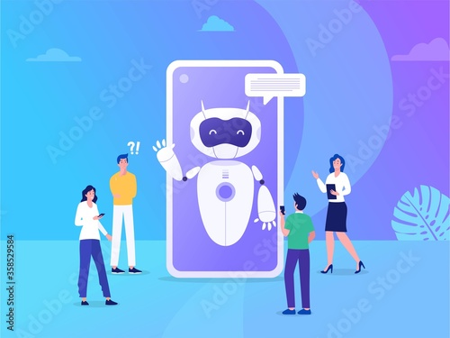 Chatbot vector illustration cocept, people chat with bot on smartphone, online bot answer to people question, can use for, landing page, template, ui, web, homepage, poster, banner, flyer