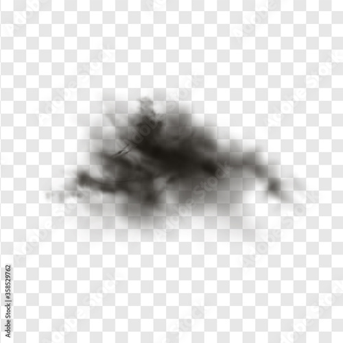 Black smoke or fog isolated on transparent light background. Abstract black powder explosion with particles. Colorful dust cloud explode, paint holi, mist smog effect. Realistic vector illustration