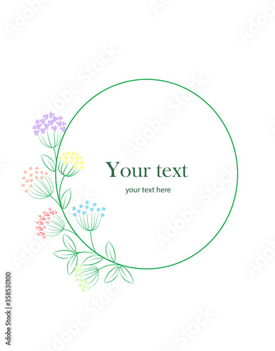 Colorful abstract flowers in a circle with text on a white background for flower and wedding decorations seasonal sales design invitations birthday celebrations banners posters greeting cards. Vector