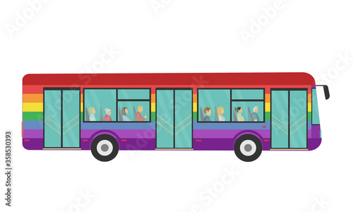 rainbow bus with young and old people inside side view. Happy Pride month trip, travel. vector illustration