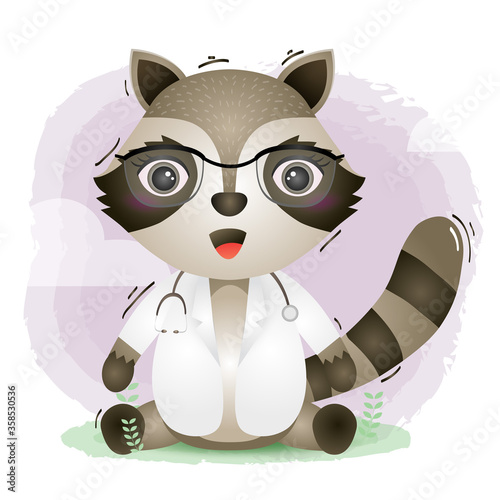 a cute little doctor raccoon. Cartoon doctor raccoon. Vector illustration