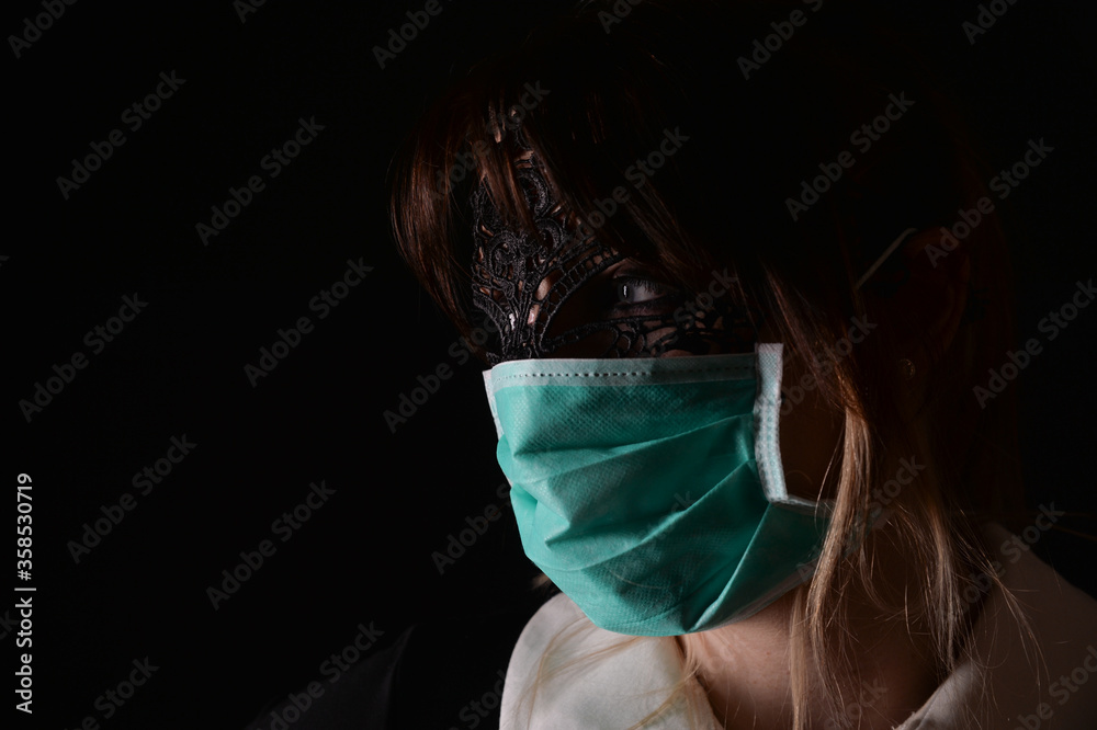 frau mit maske covid corona covid-19 rollenspiel maske latex op klinik  domina lady bizzarr studio bdsm sm Stock Photo | Adobe Stock