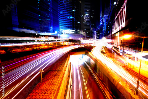 abstract light speed traffic line with hong kong cityscpae background photo