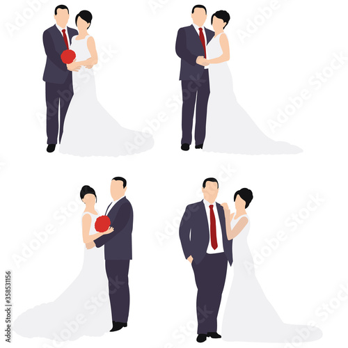 bride and groom in a flat style, wedding, set
