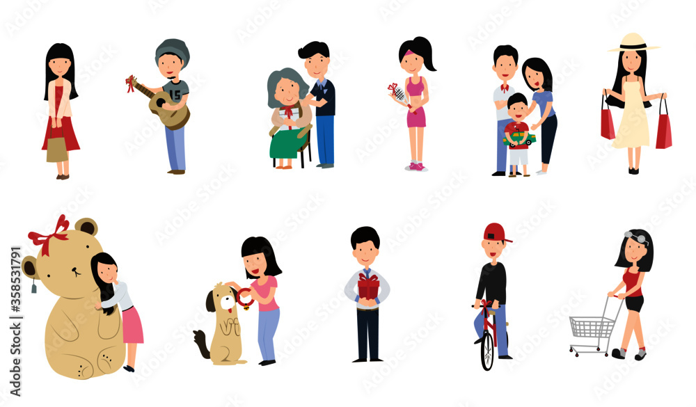 people, family with gift box and shopping bag cartoon character design set