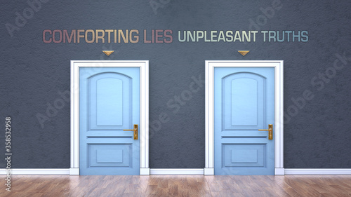 Comforting lies and unpleasant truths as a choice, pictured as words Comforting lies, unpleasant truths on doors to show that these are opposite options while making decision, 3d illustration