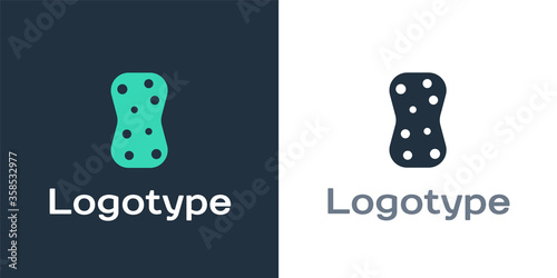 Logotype Sponge with bubbles icon isolated on white background. Wisp of bast for washing dishes. Cleaning service logo. Logo design template element. Vector Illustration.