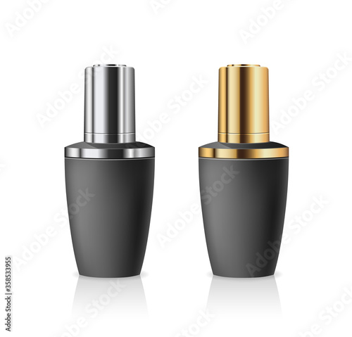 Dropper Bottles black products, bottle cap silver and gold collections design on white background, Vector illustration