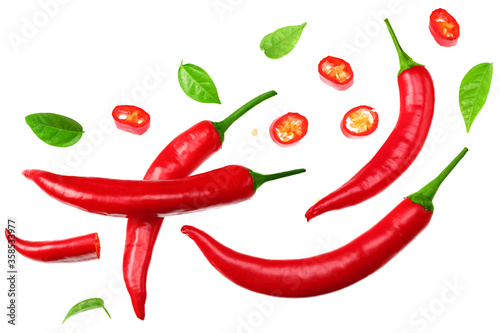 Fotografia sliced red hot chili peppers isolated on white background top view