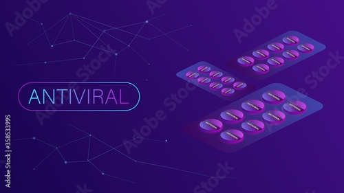 Image of an antiviral tablet in purple color. Vector image, eps 10