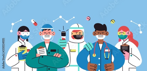 International doctor team. Hospital medical staff. Clinic personnel with face masks. Vector illustration