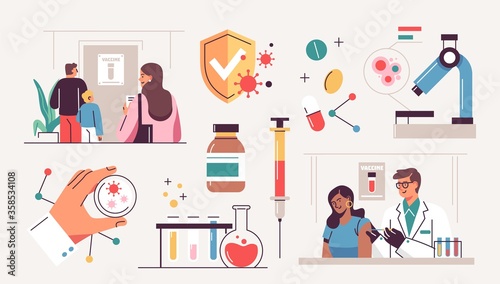 Collection of scientists, doctors or researchers in laboratory. People working in lab, medicines, medical equipment. Illustrations isolated on white background. Flat cartoon colorful vector.