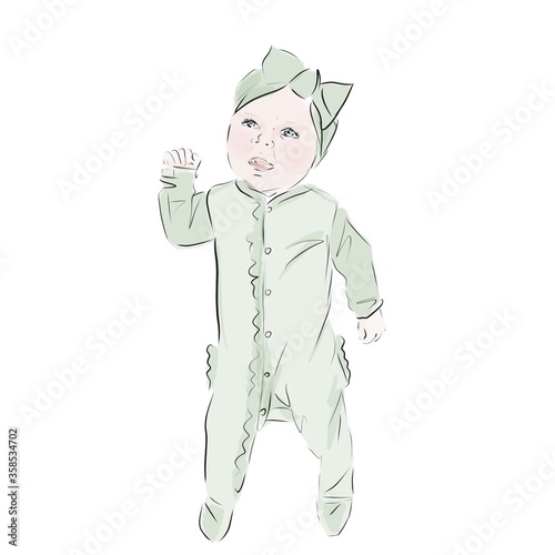 European kid in green overalls in white baby cot sketch illustration