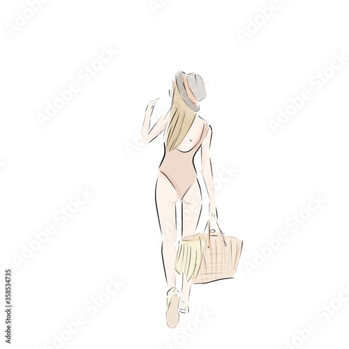 beautiful tourist girl resting in a swimsuit walks along the beach with a straw bag and hat. sketch illustration Space for text.