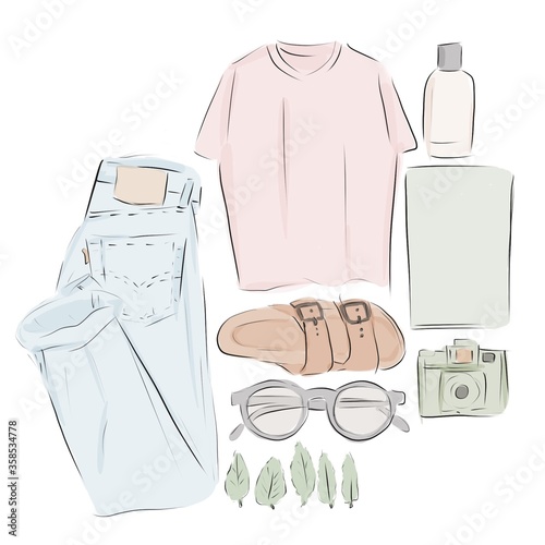 Sketch. Woman's wardrobe elements for combination. woman's clothing. Capsule wardrobe.