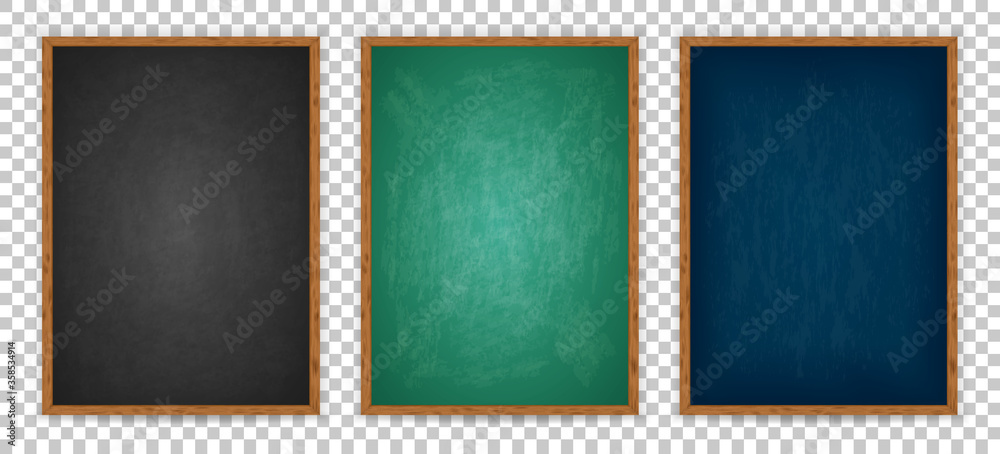 Blackboard for design menu cafe, restaurant, canteen. Realistic blank black chalkboard in wooden frame for pizza, drink, coffee, meal, beer, burger. Empty board isolated on whit background. Vector