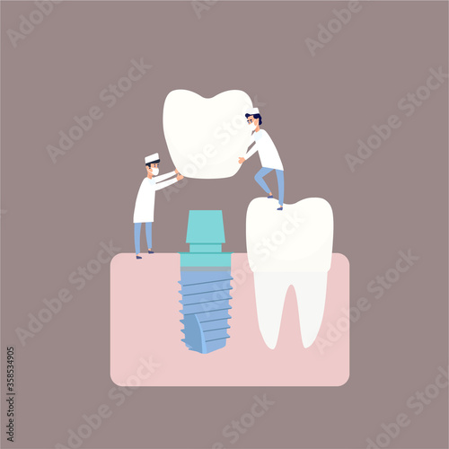 Two dentists perform dental implantation: install the implant on the abutment. Vector illustration, in a flat style. Poster to the clinic, image for instructions for dentists, training books.