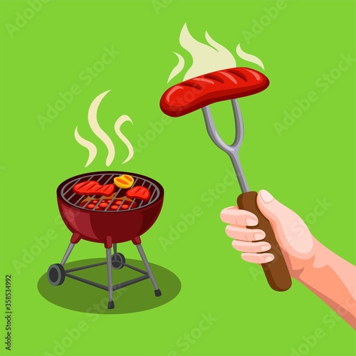 BBQ Party Steak Meat in Grill and Hand holding Fork with Sausage Symbol Concept in Cartoon illustration Vector