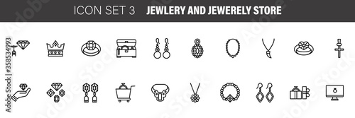 Jewelry and Jewelry shop, diamond accessories banner illustration. Vector line icon of jewels - rings, gem earrings, necklaces, charms bracelets, brilliants.
