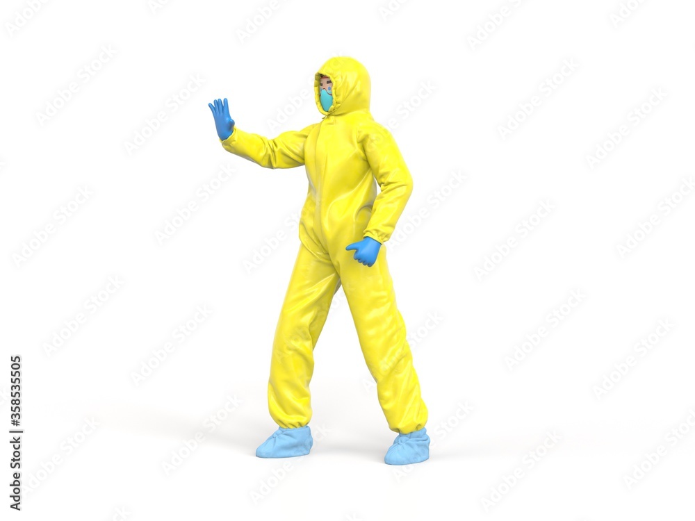 Medic in yellow hazmat suit raise hand, stop sign Medic in yellow hazmat suit raise hand, stop sign